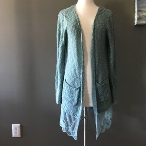 Long teal open front cardigan with pockets